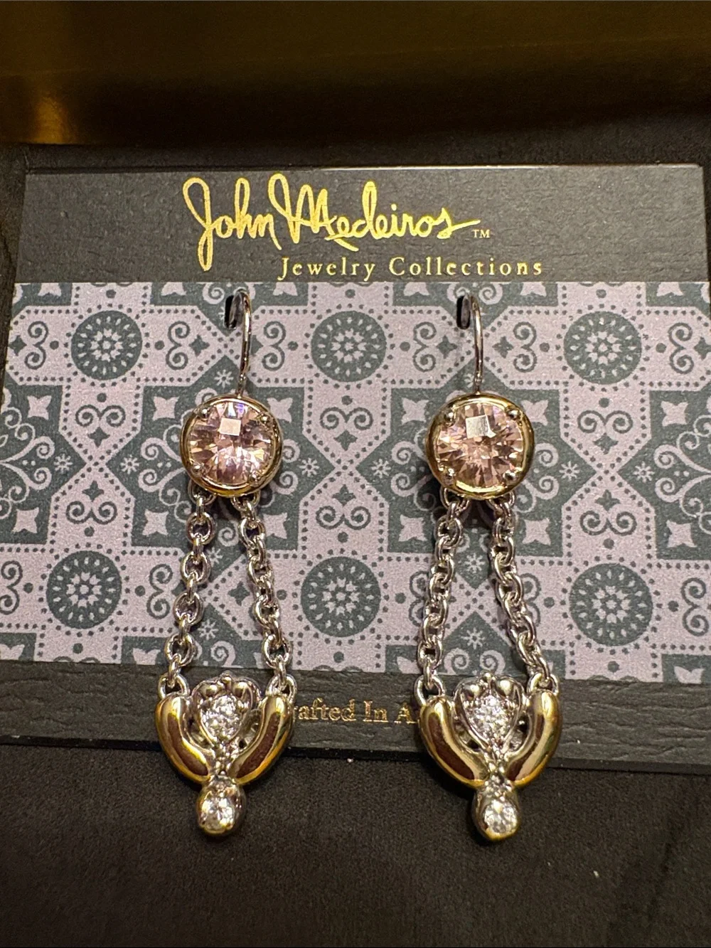 John Medeiros Pink Crystal Drop Earrings in Silver-Tone